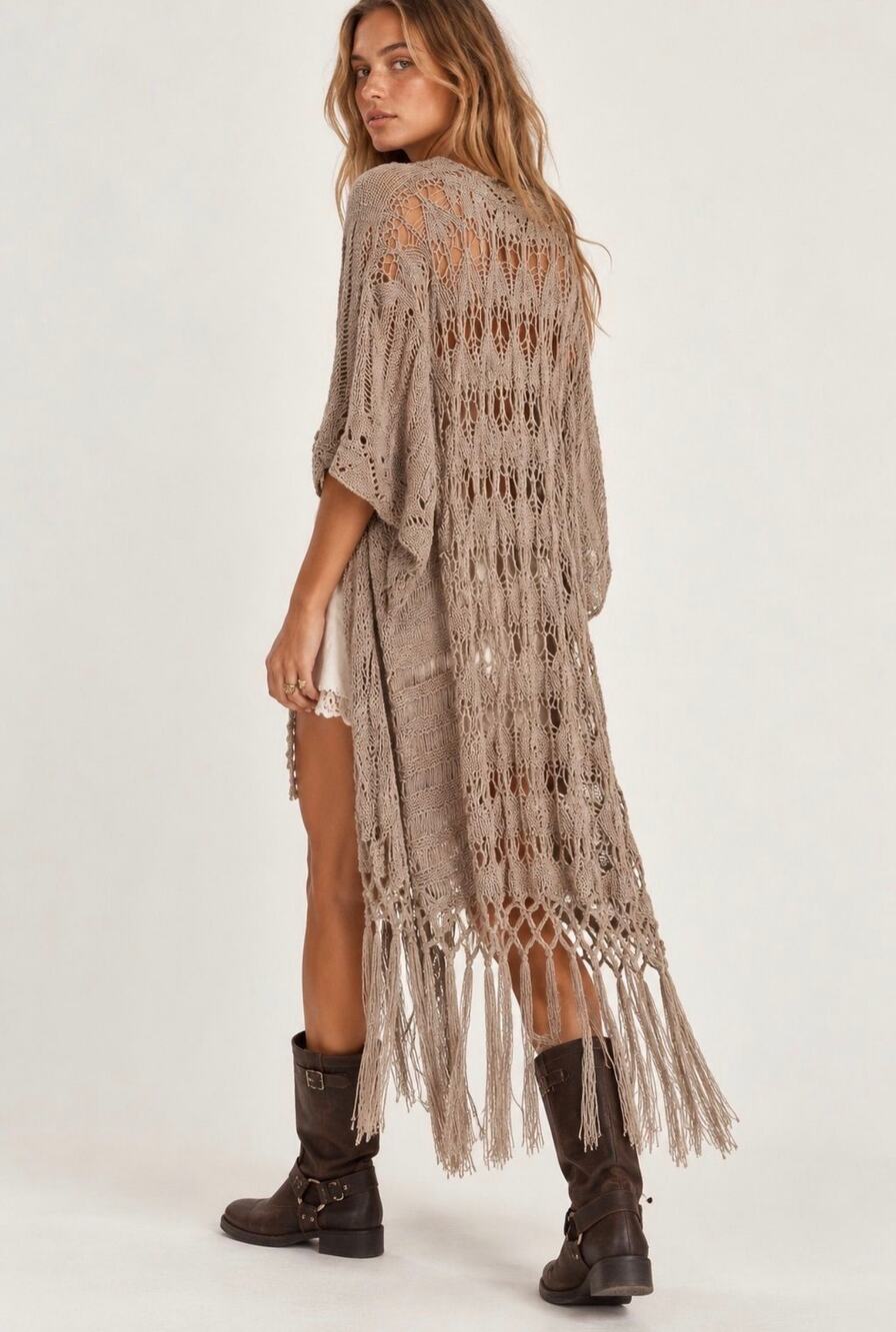 Kori America Boho Crochet Open-Knit Fringe Cardigan Womens Size S/M